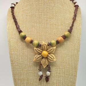 Wood Seed Flower Necklace Boho Bohemian Artisan Brown Tan 18"
